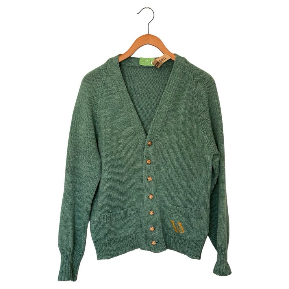 Vintage 60’s Teal Green Hand Knit Cardigan Sweater Men’s Size M USA Monogram W